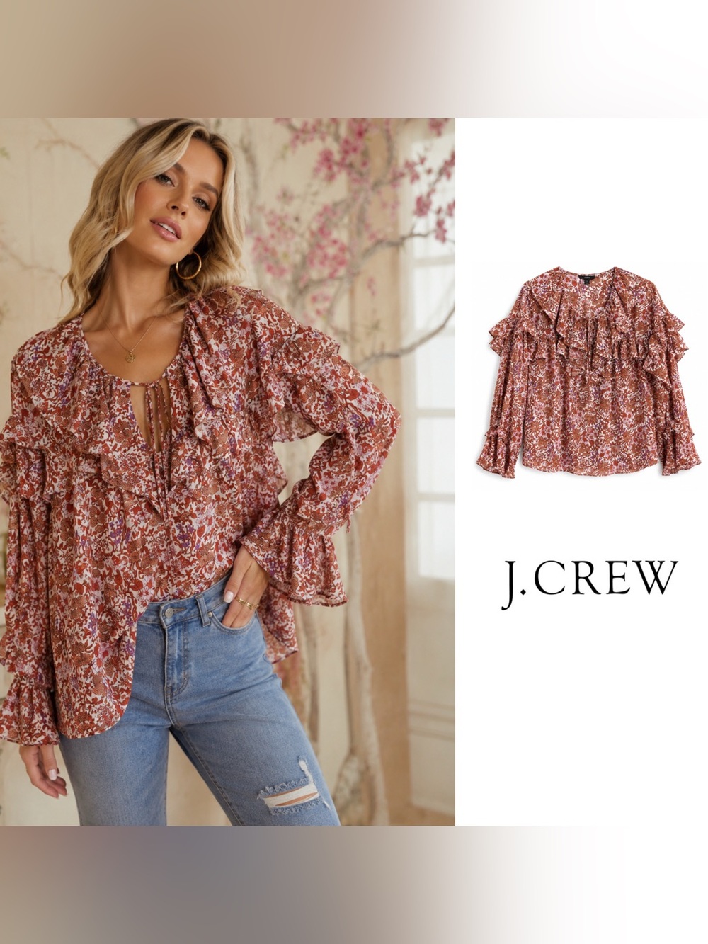 NEW J.Crew Ruffle Crinkle Chiffon Top in the "Fête Floral" print